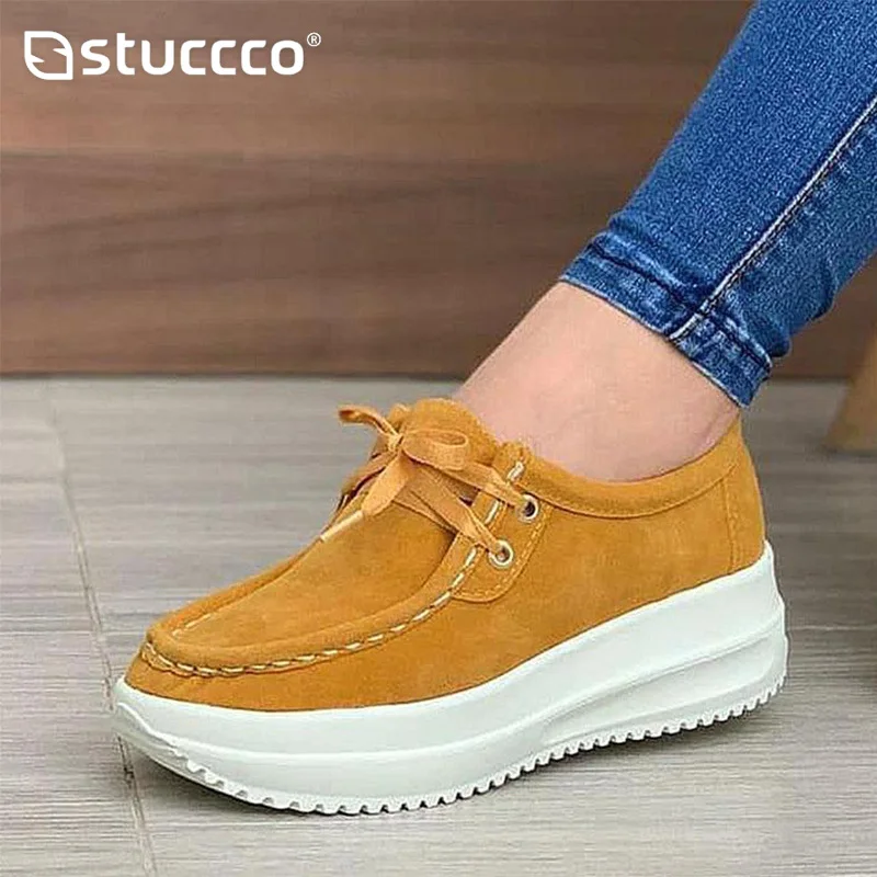 

Women's Vulcanized Shoes Flock Ladies Sewing Flat Platform Lace-Up Casual Autumn Female Plus Size 2020 Fashion New Comfort
