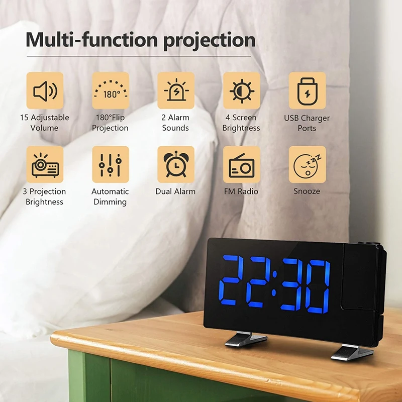 Projection Alarm Clock 7 inch LED Curved-Screen Large Digital Display Adjust Brightness Automatically 12/24 Hour Dual C | Дом и сад