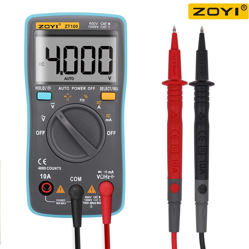 

Цифровой мультиметр ZOYI ZT100, 4000 отсчетов, профессиональный амперметр, вольтметр, конденсатор, тестер, цифровой тестер