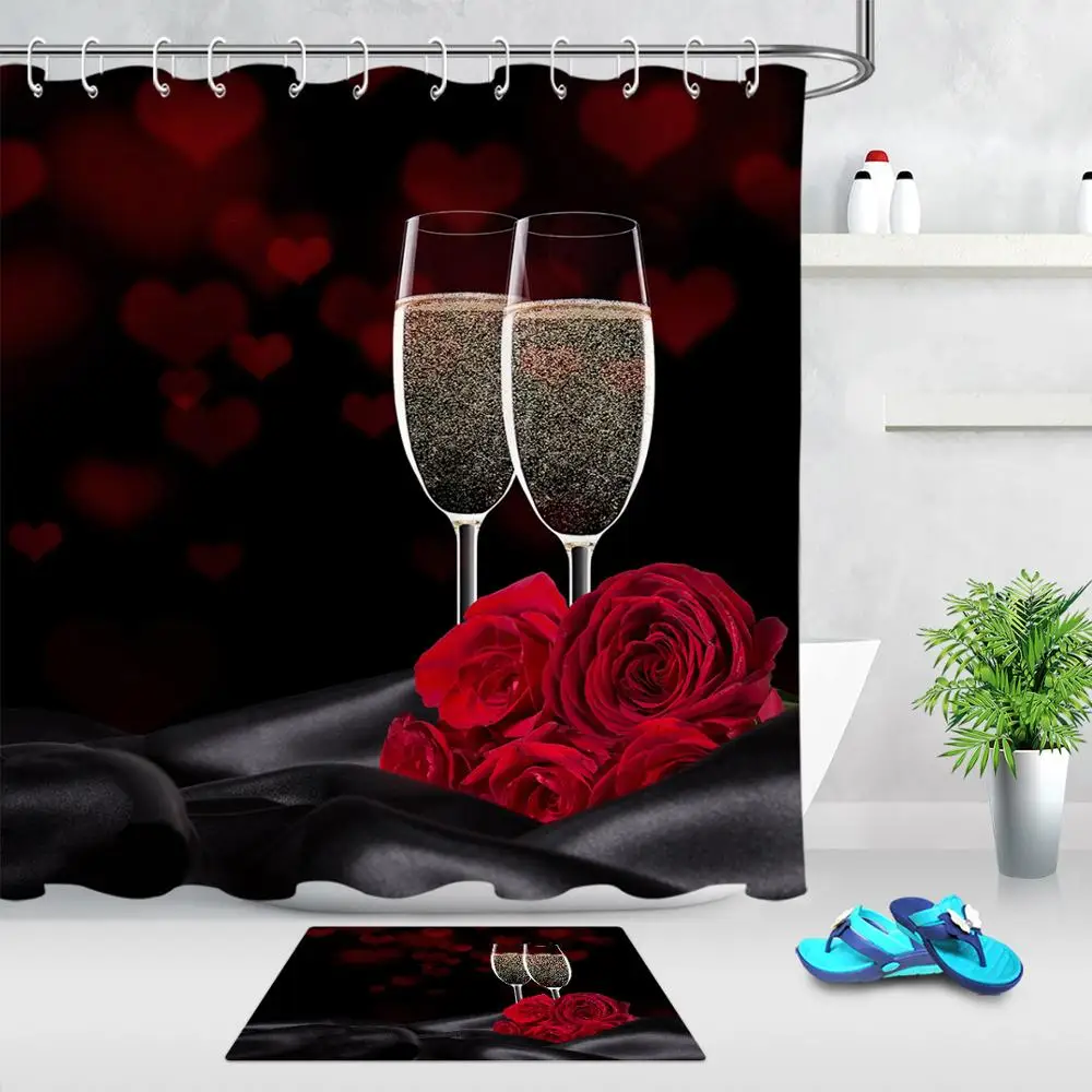 Занавеска для душа из полиэстера цвета красной розы и шампанского с пластиковыми