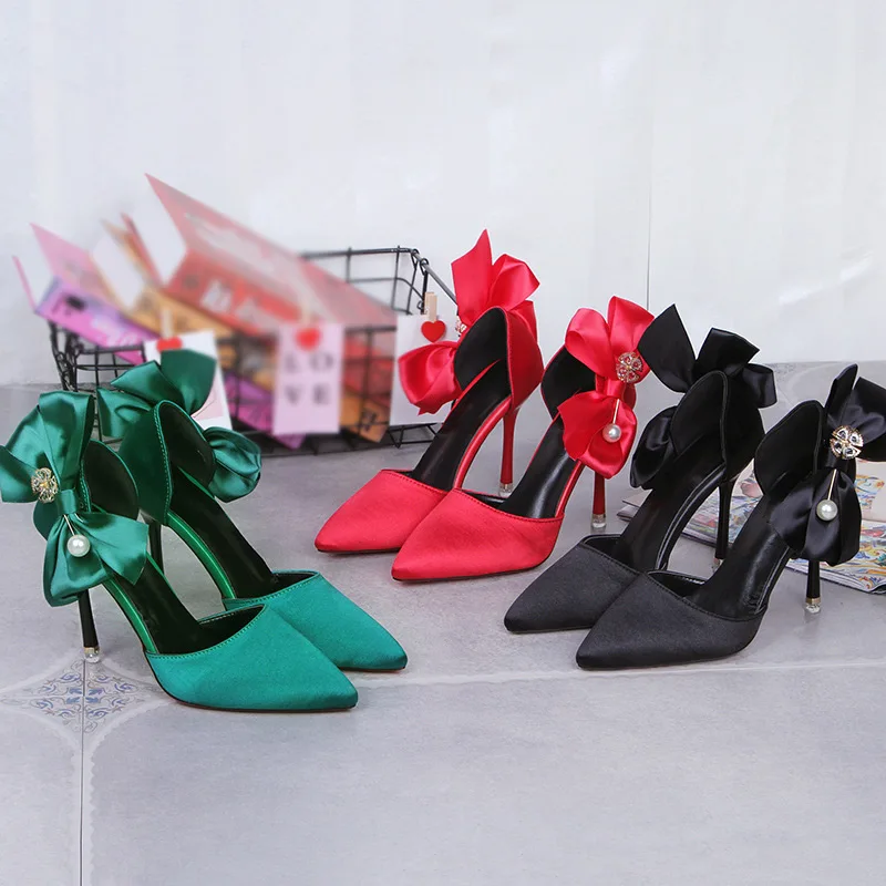 

Women Pumps High Heels Shoes Party Wedding Pointed Toe Silk Pearl Bowknot Ladies Fashion Stiletto Spring Summer Sandals Woman