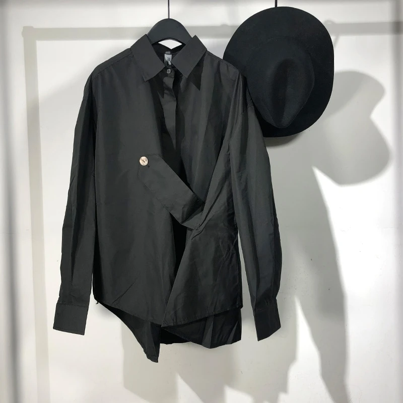 

Men's Long Sleeve Shirt Autumn New Dark Lapel Asymmetric Magic Button Design Hip Hop Youth Fashion Trend Undershirt