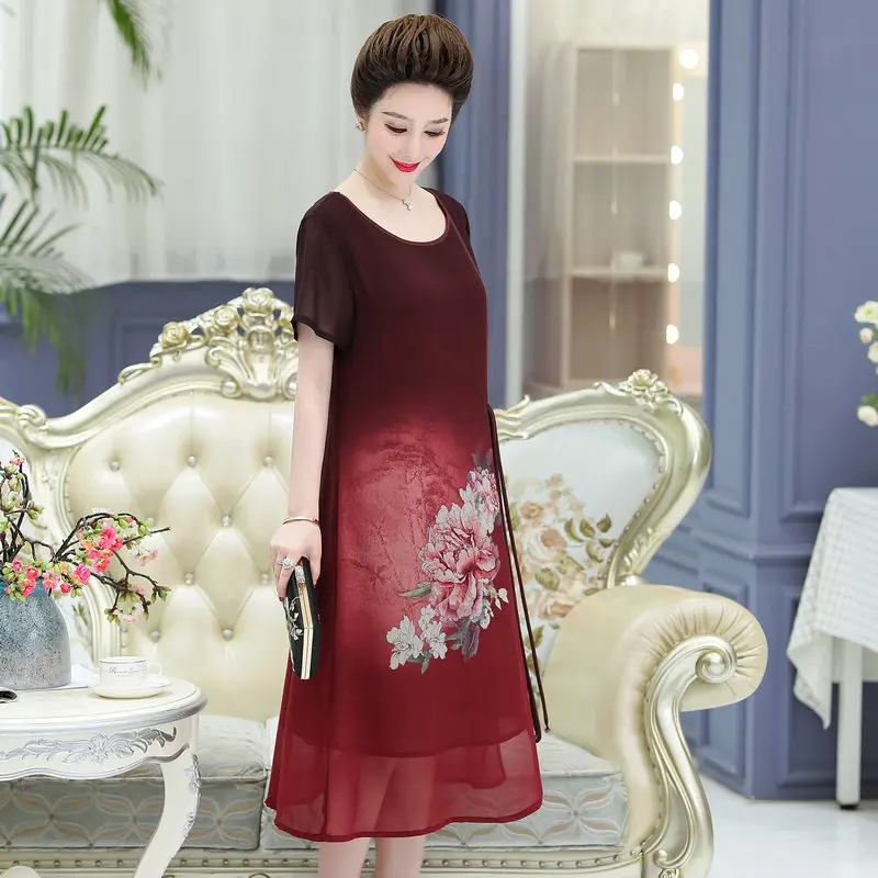 

Oriental Style Mature Women Red Blue Floral Silk Layered Dresses Summer Round Collar Short Sleeve Lacing Up Design One Piece