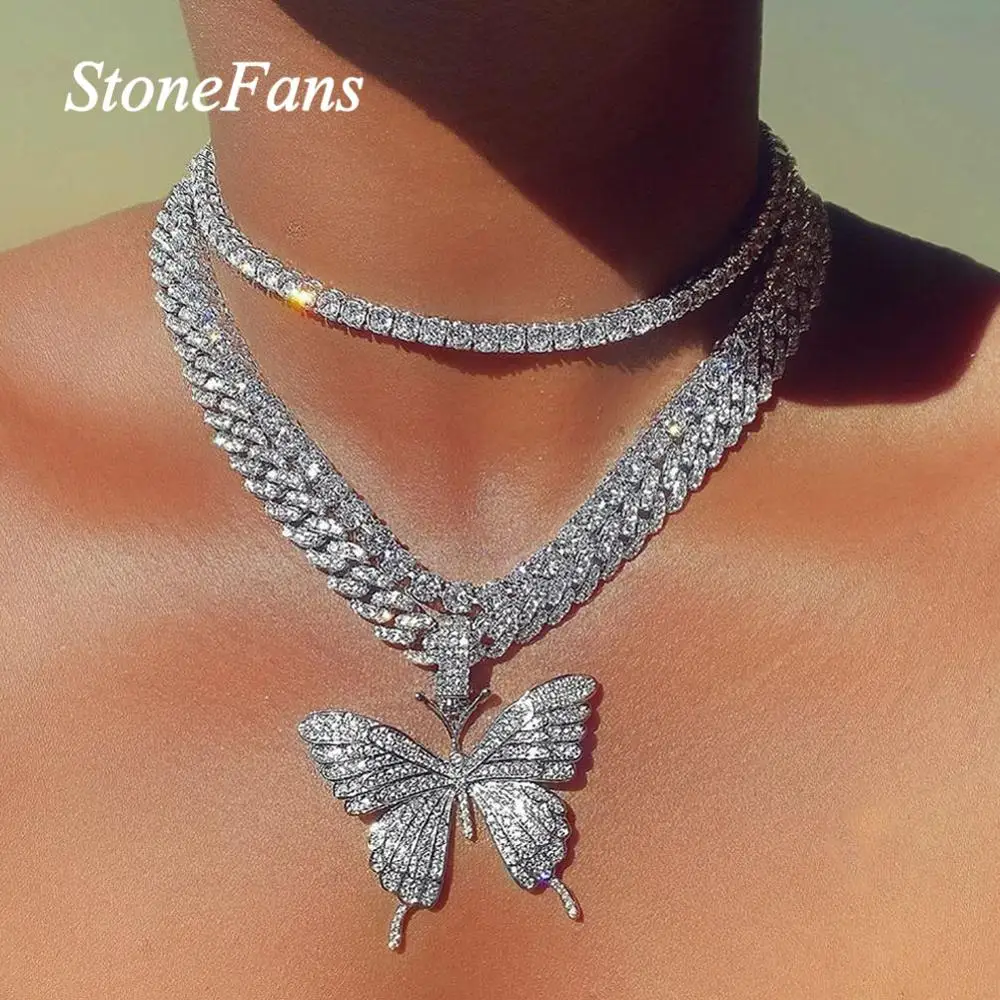 

Stonefans Luxury Cuban Link Chain Choker Necklace Butterfly Pendant for Women Hip Hop Iced Out Rhinestone Necklace Jewelry