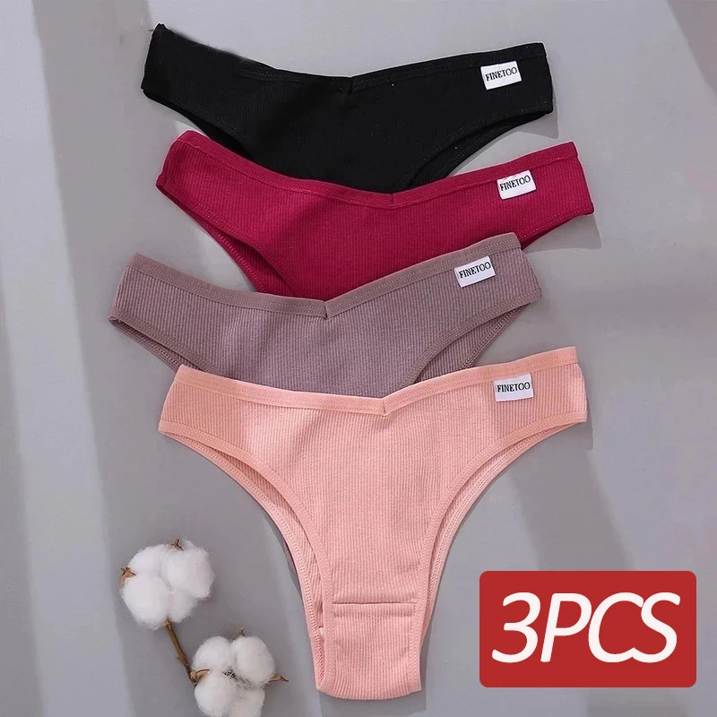 

2021 Cotton Brazilian Panties Women Sexy V Waist G-String Underwear Female T-back Underpants M-XL Lady Bikini Panty 3Pcs/set