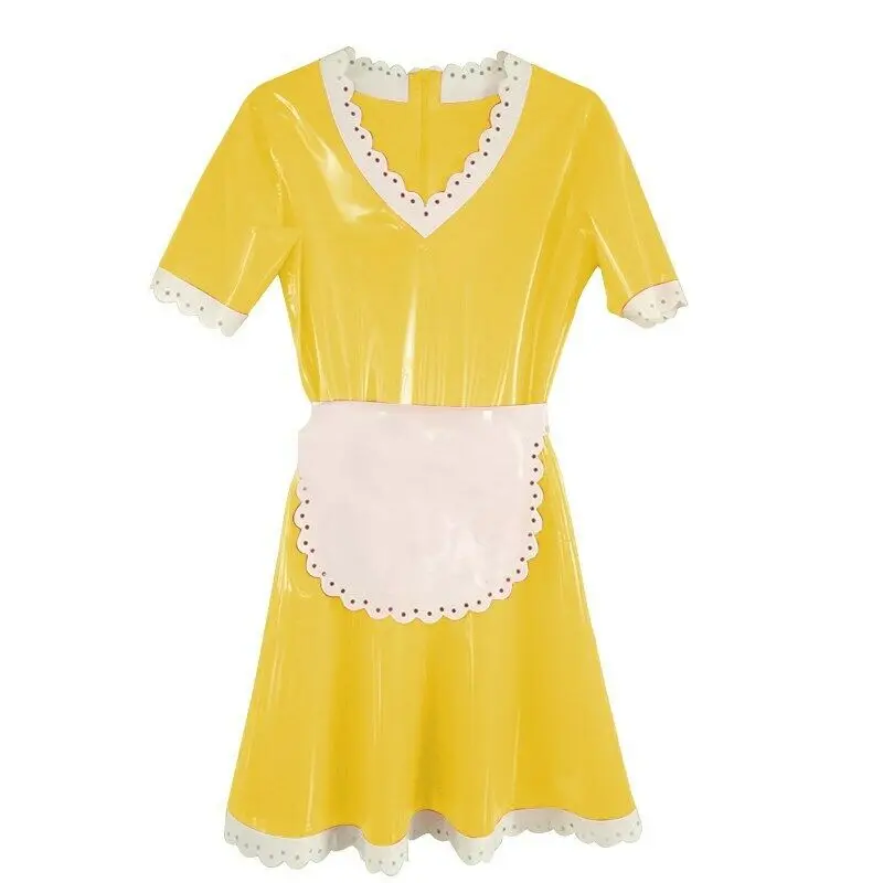 NEW Latex 100% Rubber Dress Yellow White Apron Woman XXS-XXL- show original title | Тематическая одежда и униформа
