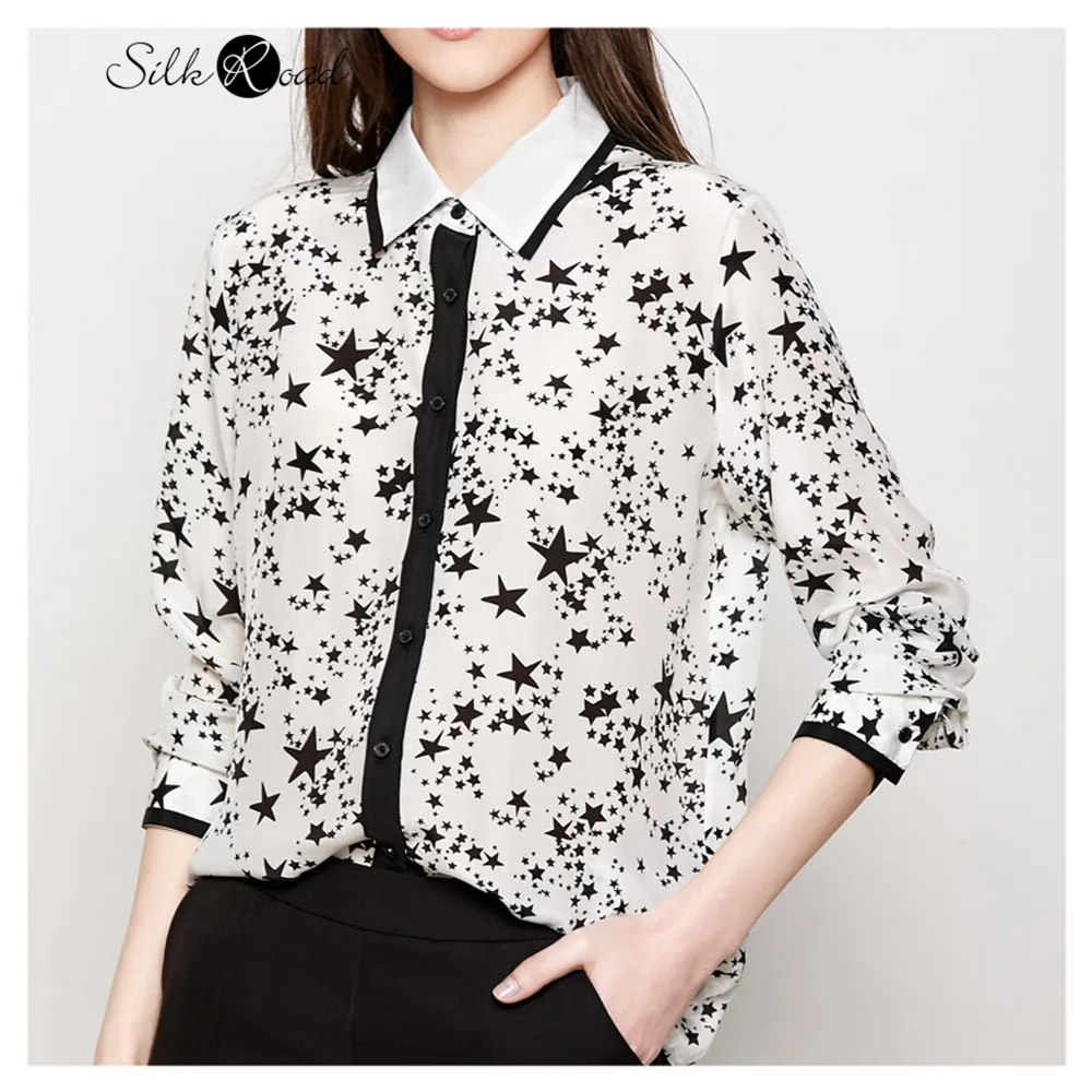 Silviye Star print contrast silk crepe de Chine long sleeve shirt 100 silk top women's spring 2020 NEW