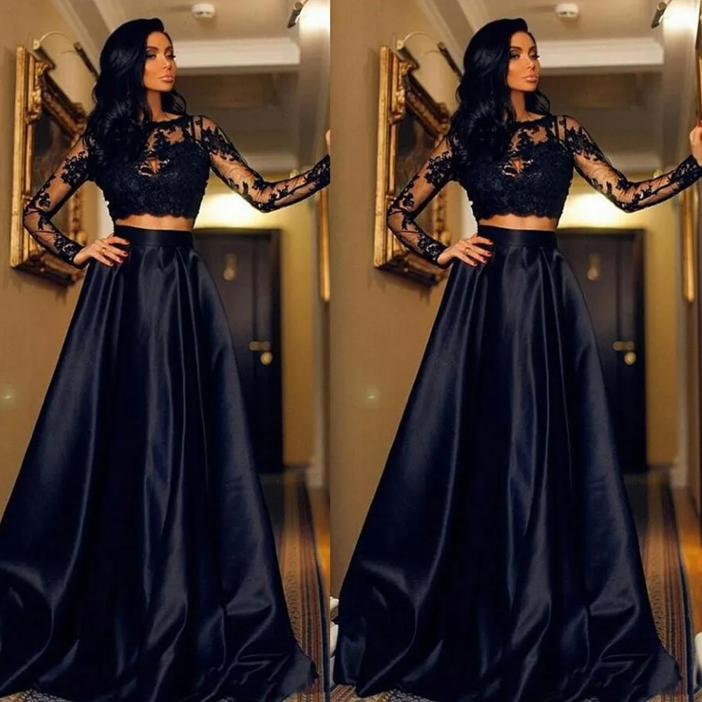 

Black Two Pieces Satin Evening Dresses Prom Party Gown Girls Pageant Long Sleeve Custom Bateau Applique Plus Size A Line