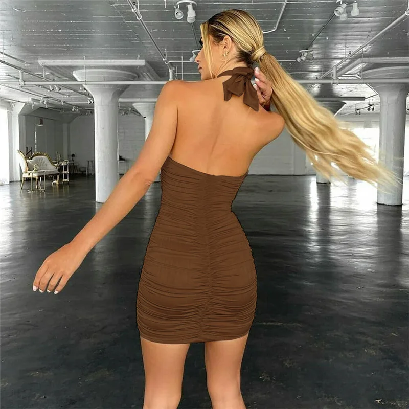 

Cryptographic Fashion Ruched Sexy Backless Halter Dresses Summer 2021 Ladies Sleeveless Cut Out Bodycon Dresses Vestido Clothes