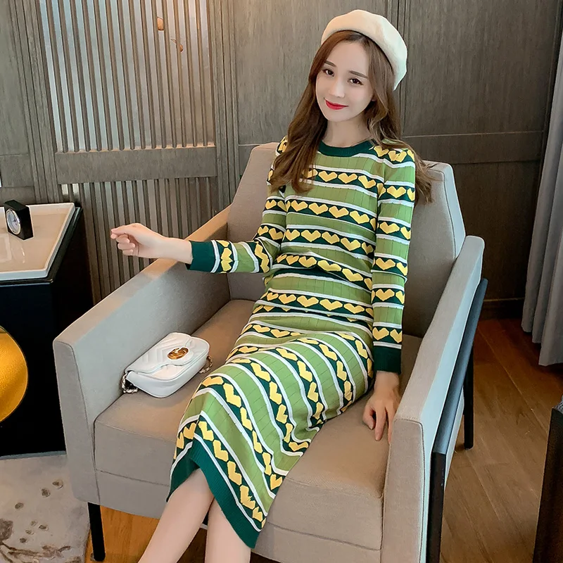 Winter Postpartum Women Knitting Two-piece Lactation Set Stripe Love Patterns Nursing Sweater+Pencil Skirt Breastfeeding Twinset |