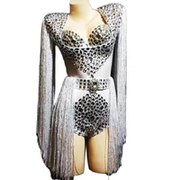 silver sparkling rhinestones bodysuit women long tassel bodycon personality performance costume ladies nightclub dance show wear