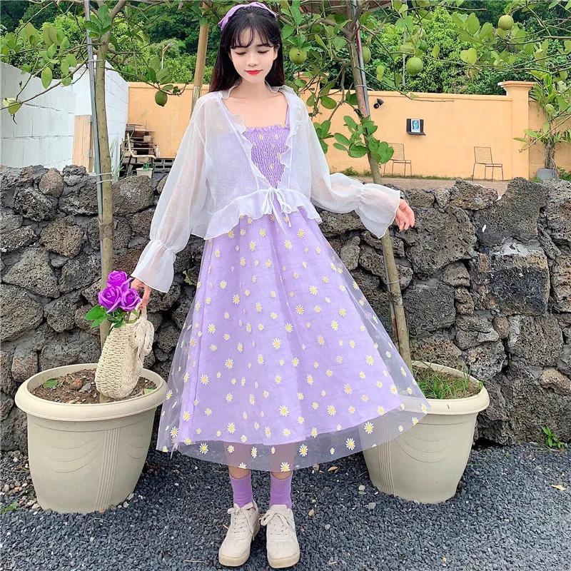 

College Style Floral Gauzy Suspender Dress Small Fairy Lady Super Fairy Mori Style First Love Sweet Summer Two-Piece Suit