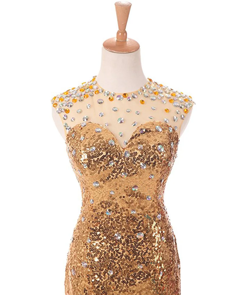 Блестящее Золотое блестящее женское длинное платье с юбкой-годе и круглым