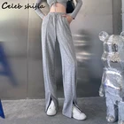 Женские брюки с завышенной талией SHIJIA, уличные штаны серого цвета с разрезом и широкими штанинами, модные брюки в пол в Корейском стиле, Y2k