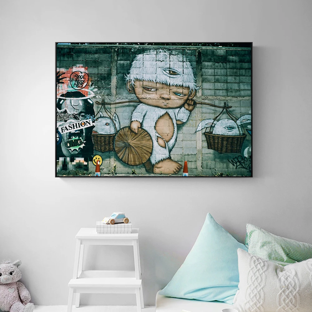 

Abstract Cute Boy Pole Graffiti Art Canvas Painting Posters and Prints Wall Art Pictures for Living Room Decor Cuadros