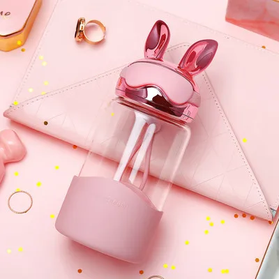 Rose gold Креативная мультяшная бутылка для воды с кроличьими ушками, стеклянная бутылка с силиконовым рукавом, портативные бутылки для питья для женщин, подарки - Цвет: Rose gold