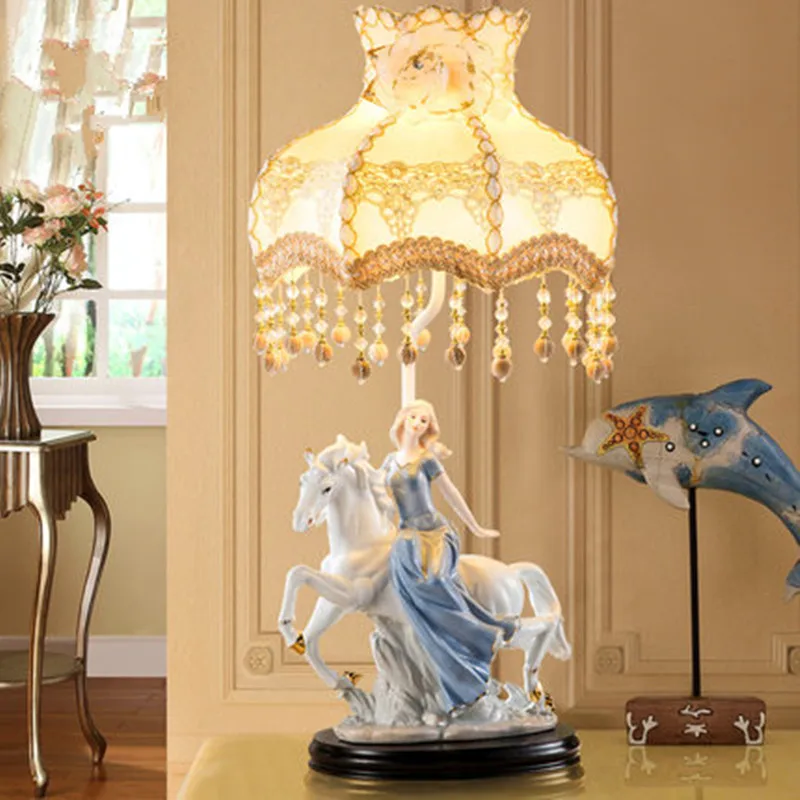 

Horse Riding the girl Table Lamp Fabric Lampshade LED Lamparas de mesa Ceramic Desk Light E27 Lighting Deco Luminaria de mesa