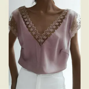 2019 сексуальные топы женские свободные футболки с коротким рукавом летние женские повседневные футболки с v-образным вырезом Топы однотонные кружевные лоскутные Футболки Сарафаны