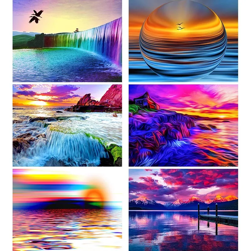 

Scenery DIY 5D Diamond Painting Pink Clouds Full Round Resin Mosaic Diamond Embroidery Lake Waterfall Rhinestone Home Decor V43