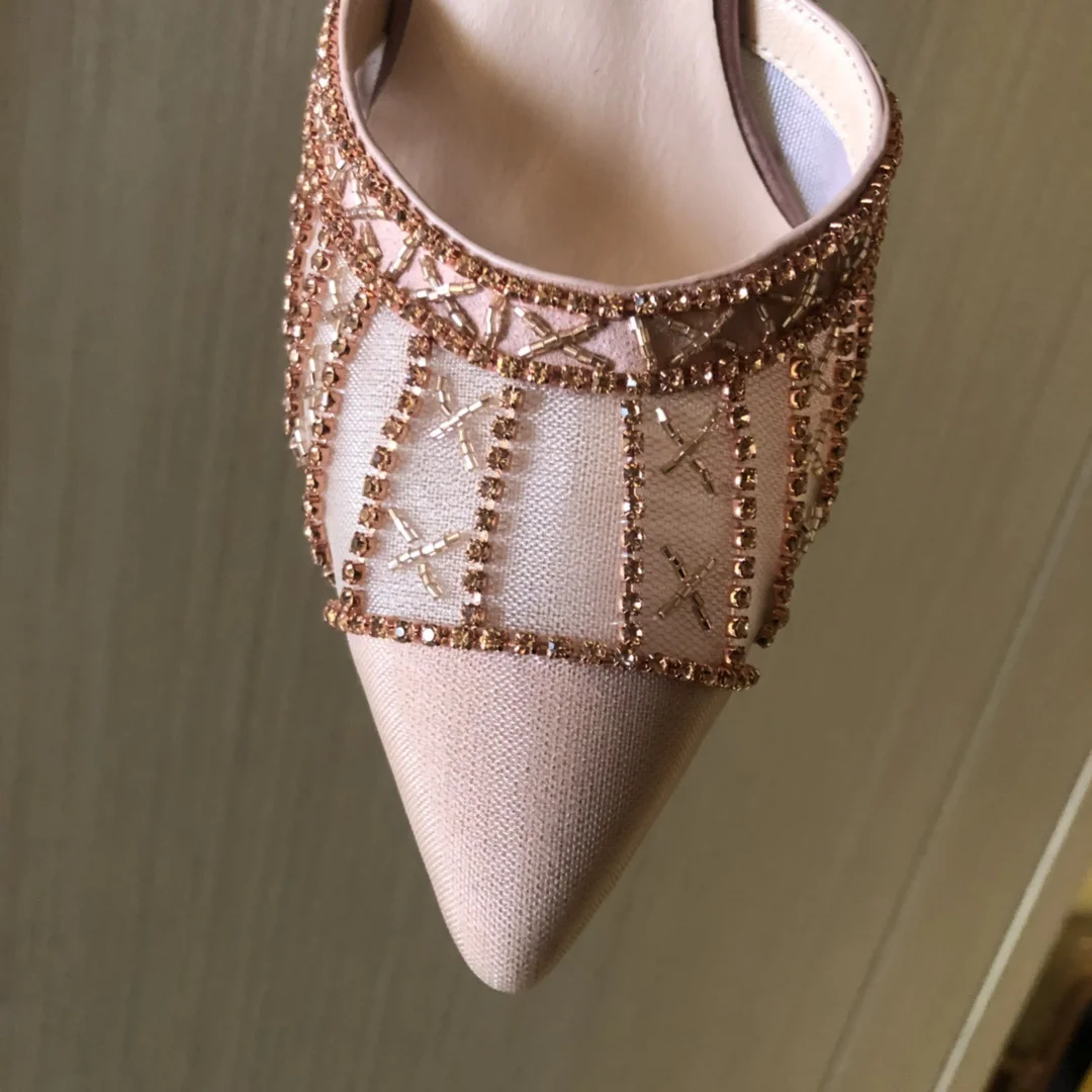 

FF Summer Mesh Shoes Women Leather Sole Heels Sandals Women Sweet Ladies Shoes Wedding Heels Shoes Female Pointed Toe Stilettos