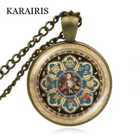 karairis tibetan buddhist mandala necklace antique bronze plated glass dome pendant spiritual sri yantra choker hinduism yoga