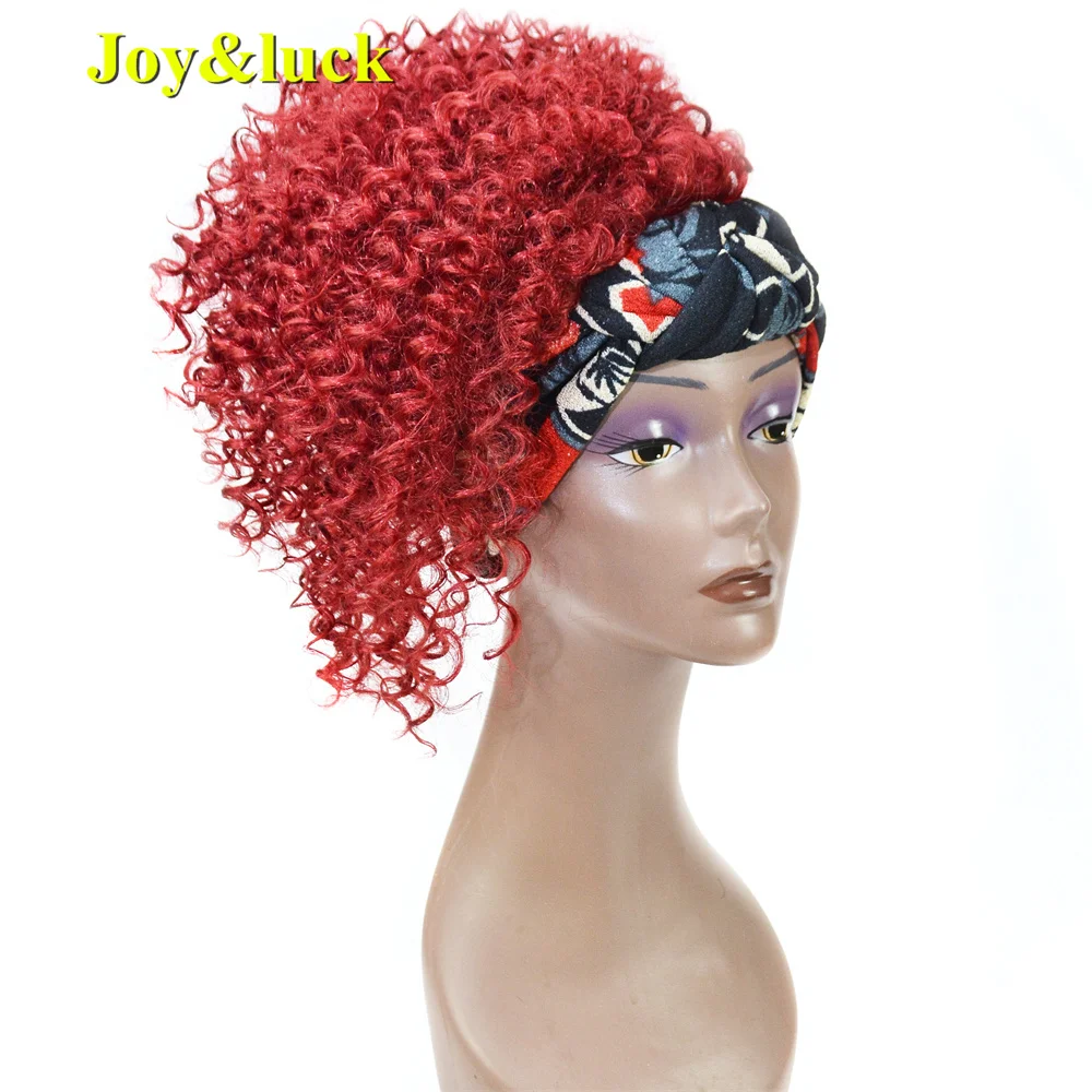 

Joy&luck Short Afro Kinky Curly Headband Wig Synthetic Wigs for African Women Wigs with Bang Full Wig Burgundy Color Hair Style