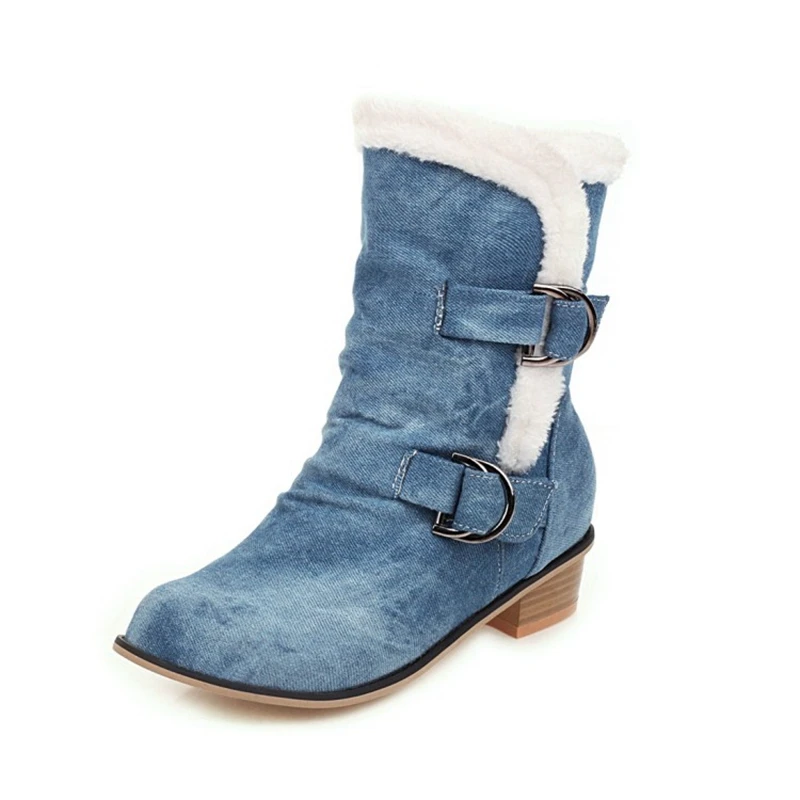 ASILETO Winter Warm Mid-Calf boots Round toe Block Heels Denim Buckle Strap Ethnic Big size 34-48 Black Blue Navy Casual A3165 | Обувь