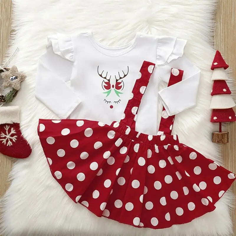 Детское платье футболка для девочек с подтяжками и юбкой в горошек на Рождество