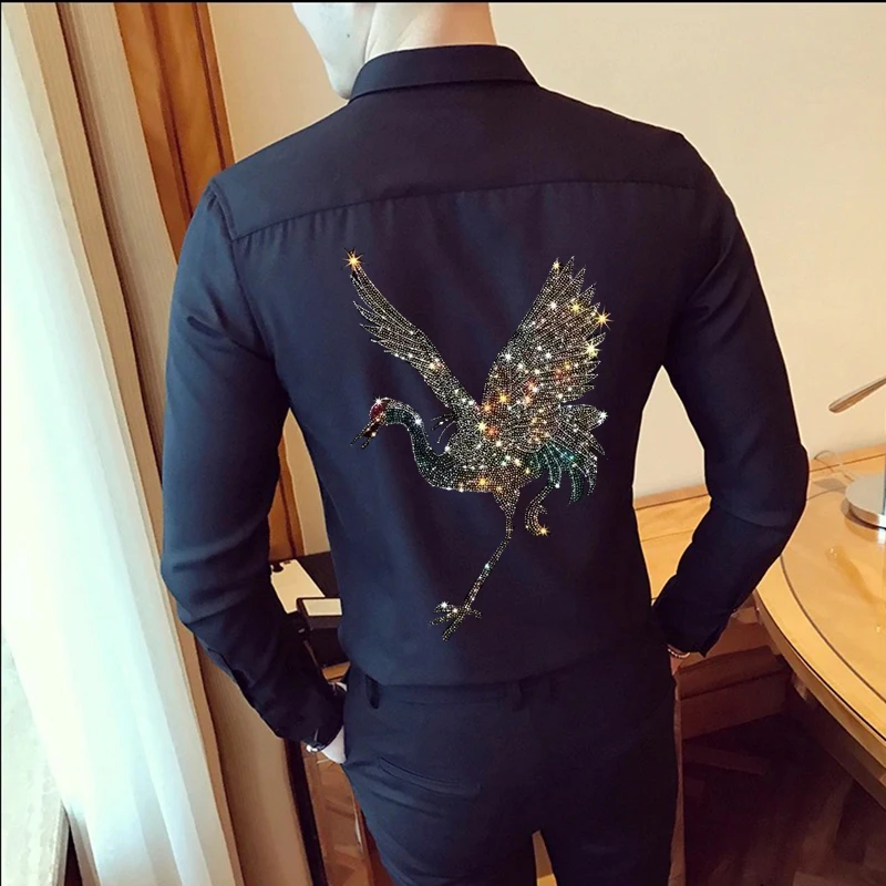 Shirts For Men 2021 Style Autumn Button Design Tops Business Long-Sleeved Rhinestone Skull Brand White Clothes M To 4XL