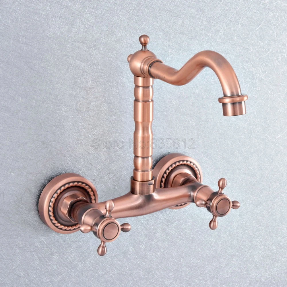 

Antique Red Copper Brass Double Cross Handles Swivel Spout Kitchen Bathroom Tub Sink Faucet Mixer Water Taps tsf859