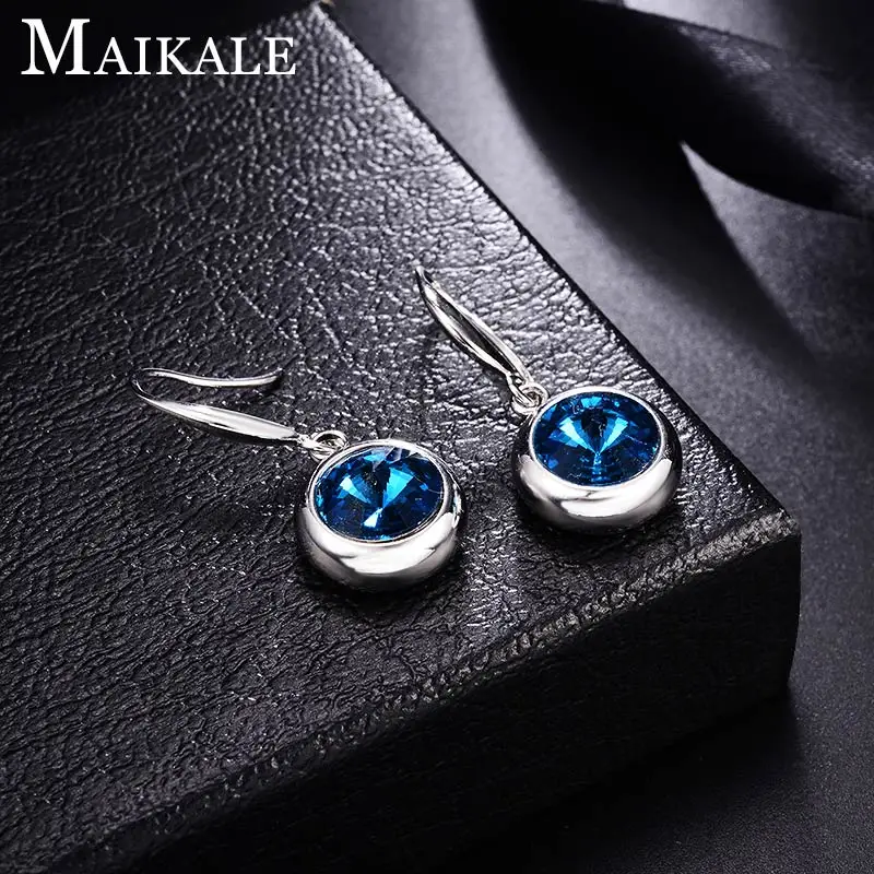 3-silver-lake blue Женские разноцветные серьги MAIKALE, круглые модные серьги-подвески с крючком с золотистым/серебристым покрытием и фианитом для подарка - Окраска металла: 3-silver-lake blue