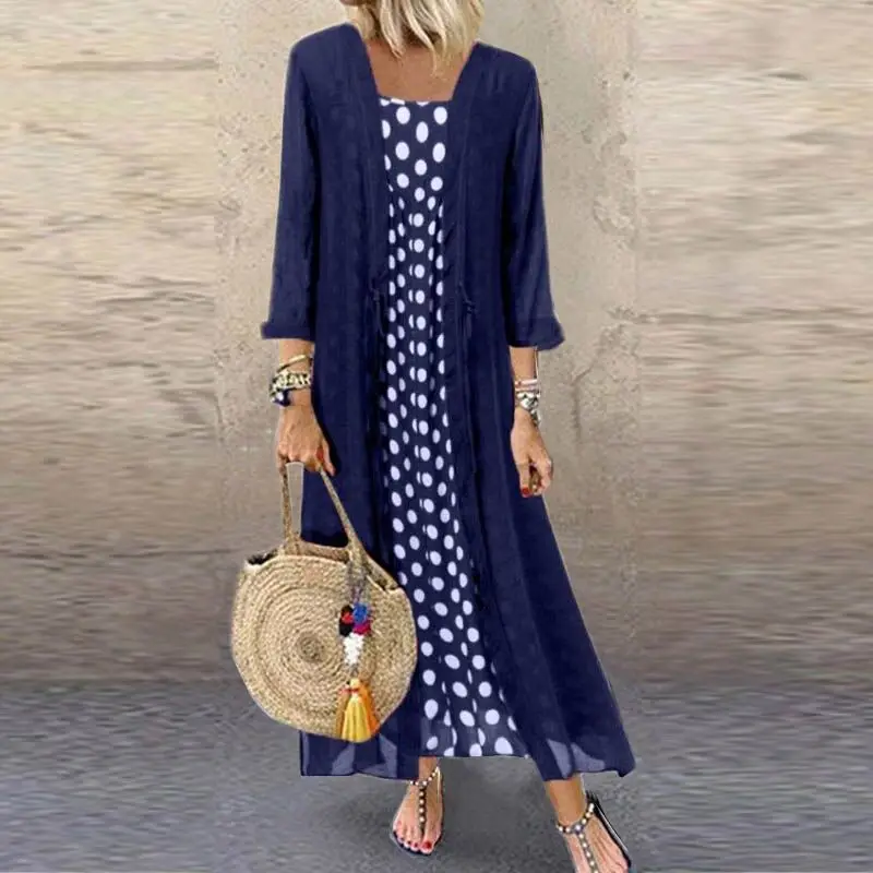 Lipswag 5XL Women Autumn Two Piece Set Long Sleeve Party Dress Casual O Neck Polka Dot Sundress Elegant Plus Size Female Dresses