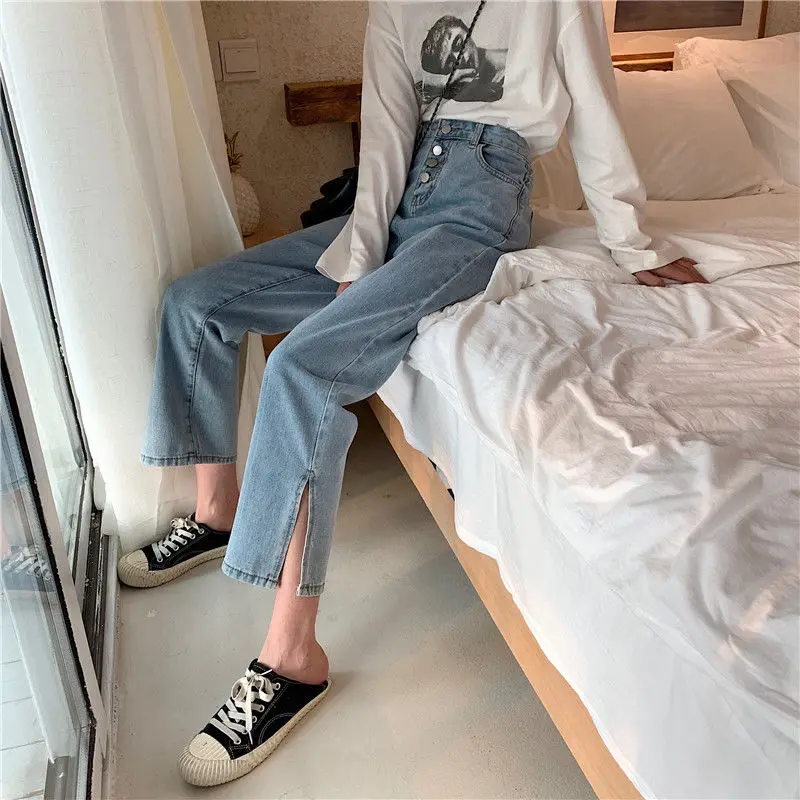 

Vintage Woman Jeans 2019 Autumn Boyfriend Blue Denim Wide Leg Pants Oversize High Waist Woman Jean Trousers