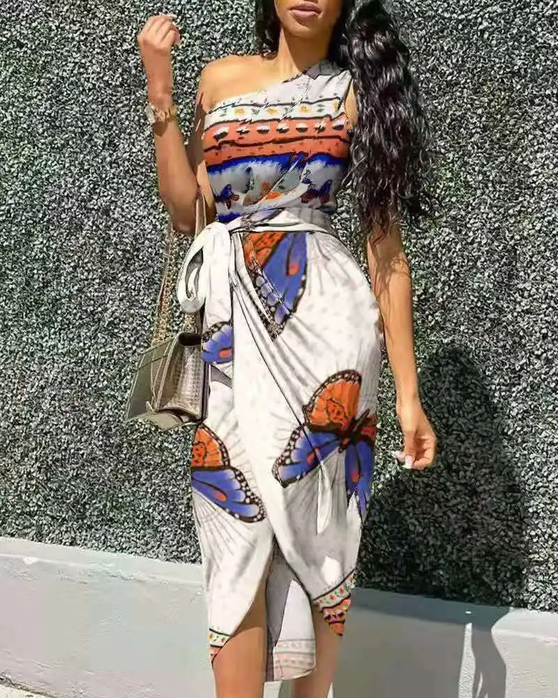 

Summer Women sleeveless Dress One Shoulder Print Dress Butterfly Flower Sexy Maxi Dresses Ankle-Length Irregular Vintage