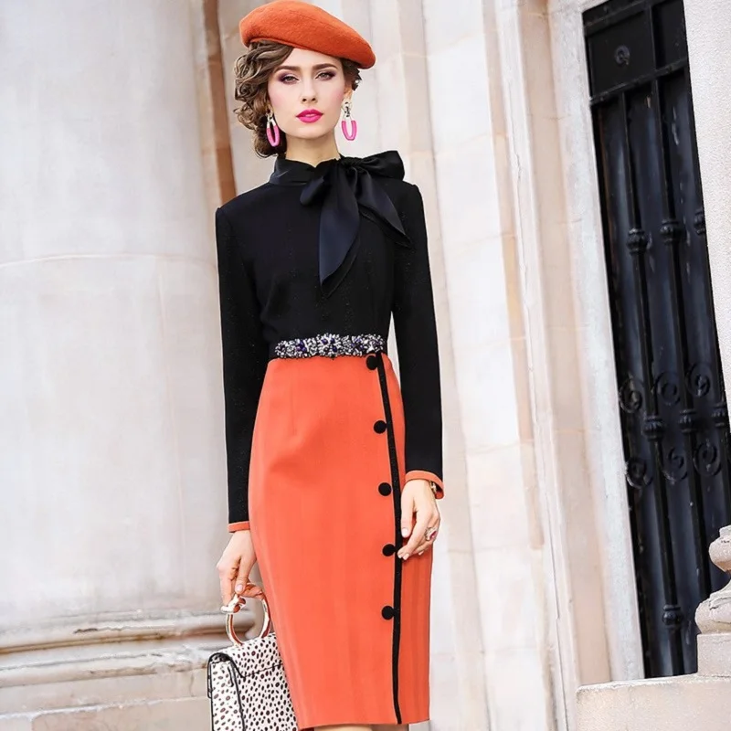 Весна 2020 новинка женское вечернее платье с бантом и длинным рукавом офисное для