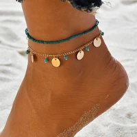 2pc metal sequins bohemian beads anklets bracelet for women leg chain round tassel ankle vintage foot jewelry accessories