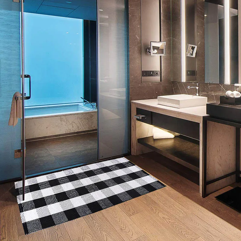 Хлопковый льняной ковер для гостиной черные и белые современные клетчатые