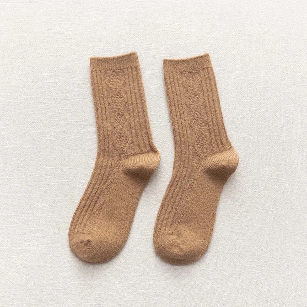 

2021 Japanese Style Socks Female Autumn Winter Tube Socks Thick Solid Color Wool Pile Pile Socks Linen Pattern Retro Socks