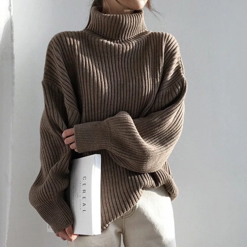 

Женский вязаный свитер в рубчик с рукавами-фонариками, водолазка свободного кроя, элегантный плотный пуловер, женский весенний джемпер в Ко...