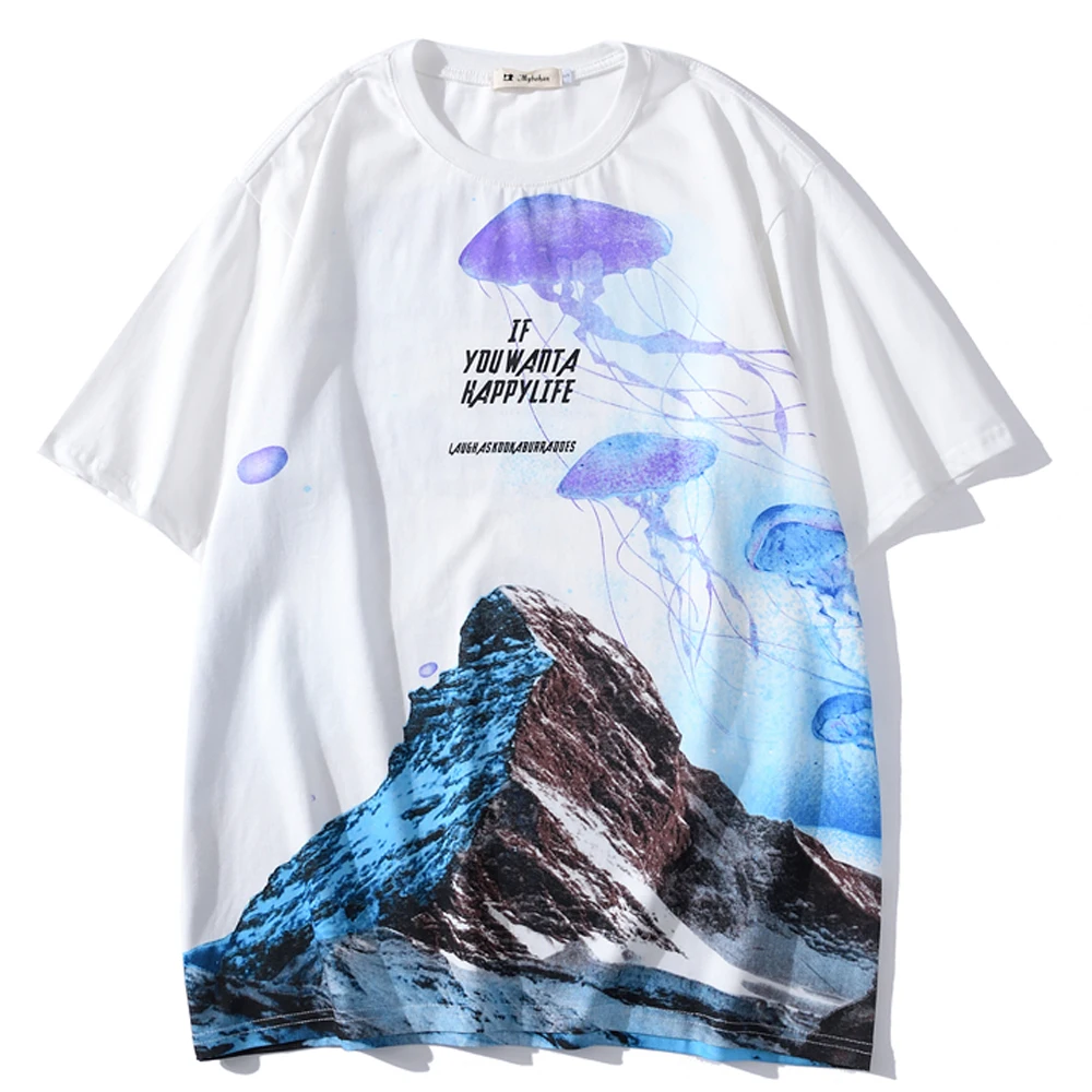 Lindsey Seader Jellyfish Mountain Print Short Sleeve Tshirts Streetwear Hiphop Casual T Shirt Men Fashion Summer Hispter Top Tee | Мужская
