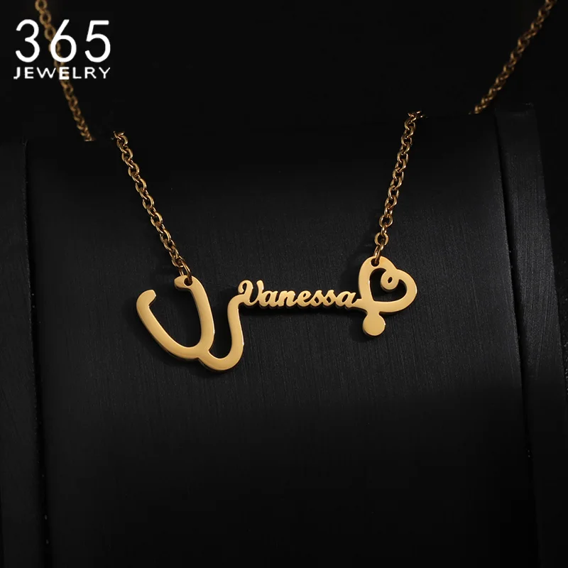 

Personalized Custom Name Stethoscope Pendant Necklace Stainless Steel Customized Nameplate Choker For Women Girl Jewelry Gift
