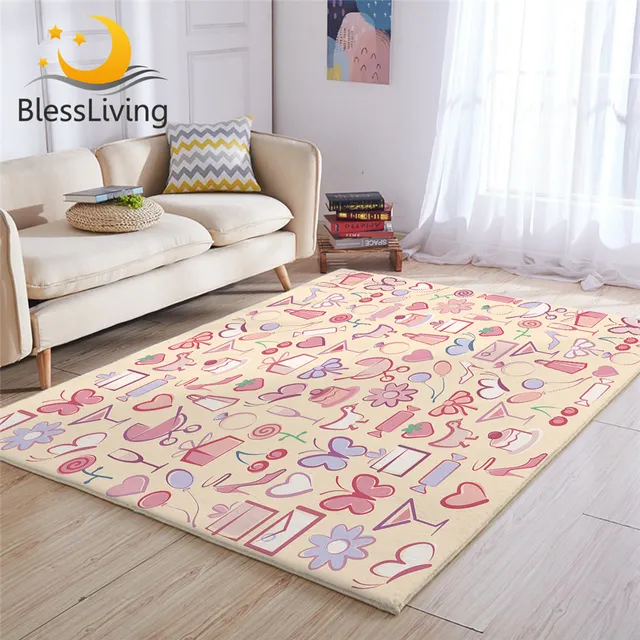 BlessLiving Girl Party Carpet for Bedroom Dessert Watercolor Floor Mat Pink Flower Soft Area Rug Butterfly Retro Tapis Chambre 1
