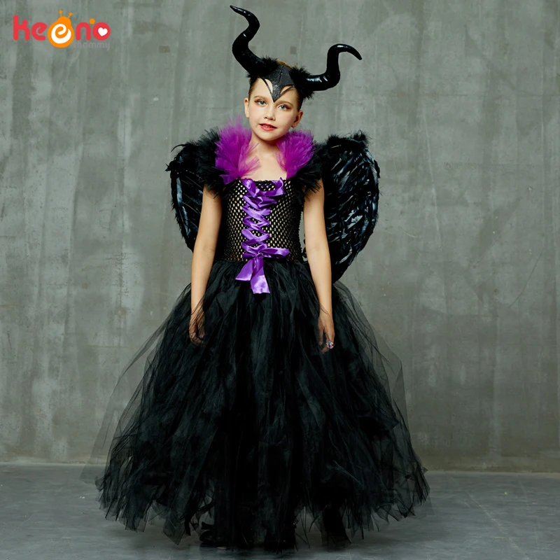 Maleficent/черное платье-пачка с роскошными рогами и крыльями; нарядное платье для девочек; Детский костюм ведьмы для косплея на Хэллоуин