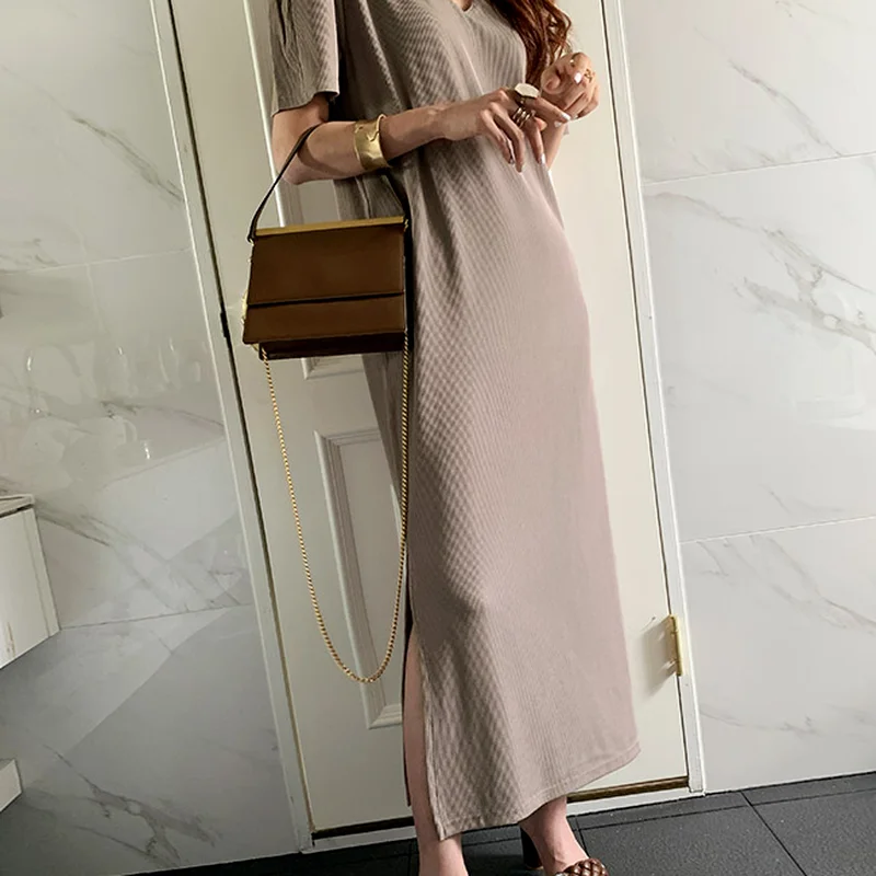 

Korejpaa Women Dress 2021 Summer Korea Temperament Elegant Ladies V-Neck Pearl Chain Detachable Design Loose Slit Long Vestidos