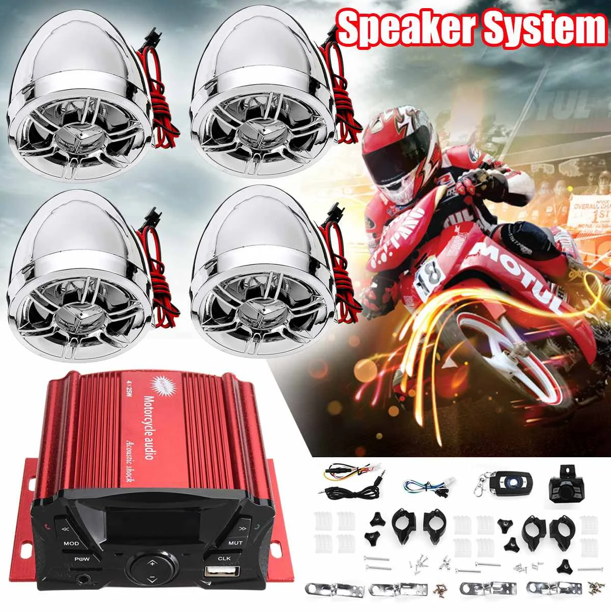 

Universal Motorcycle Amplifier System Motorcycle Speaker Horns Motorcycle Audio Suit With USB bluetooth Wireless Remote Control