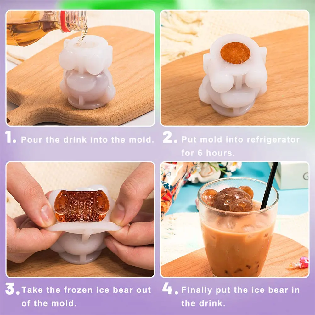 

1pc Silicone Ice Mold 3D Cute Cartoon Bear Shape Ice Cube Soap Candle Cake Candy DIY Making Tool BPA-Free For children S L