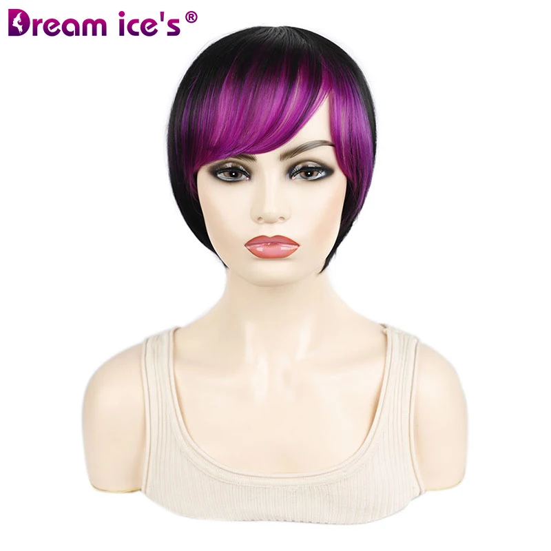 

Dream.Ice's Straight Short Bob Wig With Bangs Pixie Cut Ombre Black Pink Blue Synthetic Neon Wigs for Young Women Cosplay Party