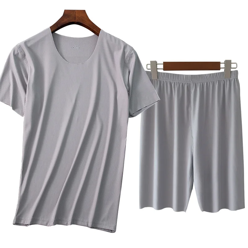 

Men's Ice Silk Short Sleeve Suit Large Size Leisure Home T-Shirt Shorts Pajamas Set Crew-necked Fitness Quick Dryer