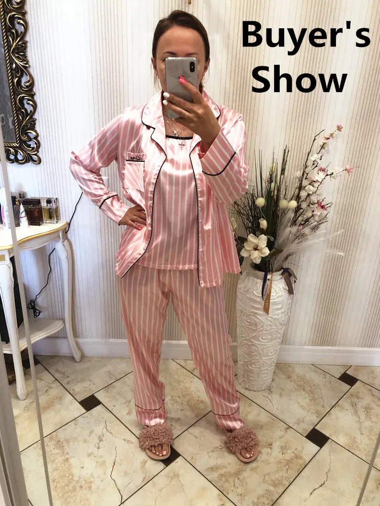 Pink Women's Pajama Set Silk Striped Pyjama Women Sleepwear Autumn Winter Homewear Robe Long Sleeve Nightwear Pjs | Женская одежда