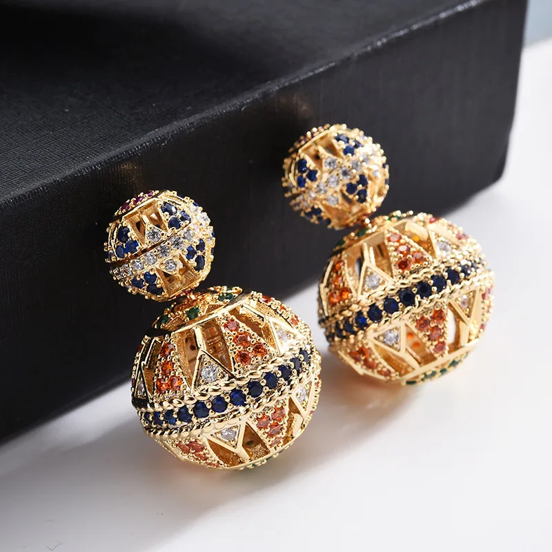 

Fashion Trendsetter Colorful Metal Spherical Earrings For Women S925 Silver Needle Hollow Micro-inlaid Design Fine Jewelry Gift
